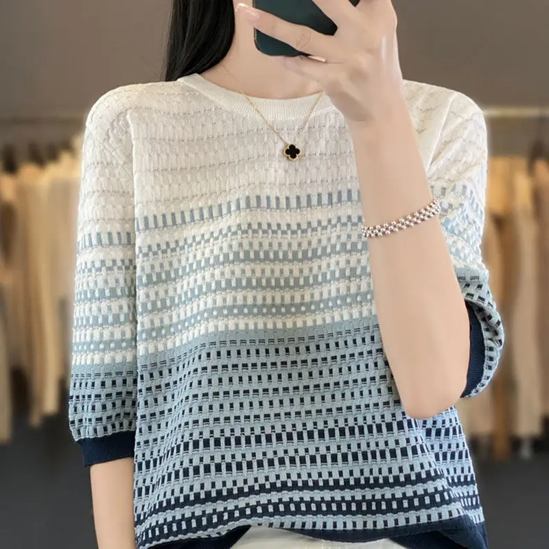 Summer New Color Blocked Ice Silk Women\'s 2024 Splicing Striped Fashion Loose and Versatile Western Short Sleeve Knitted Tops