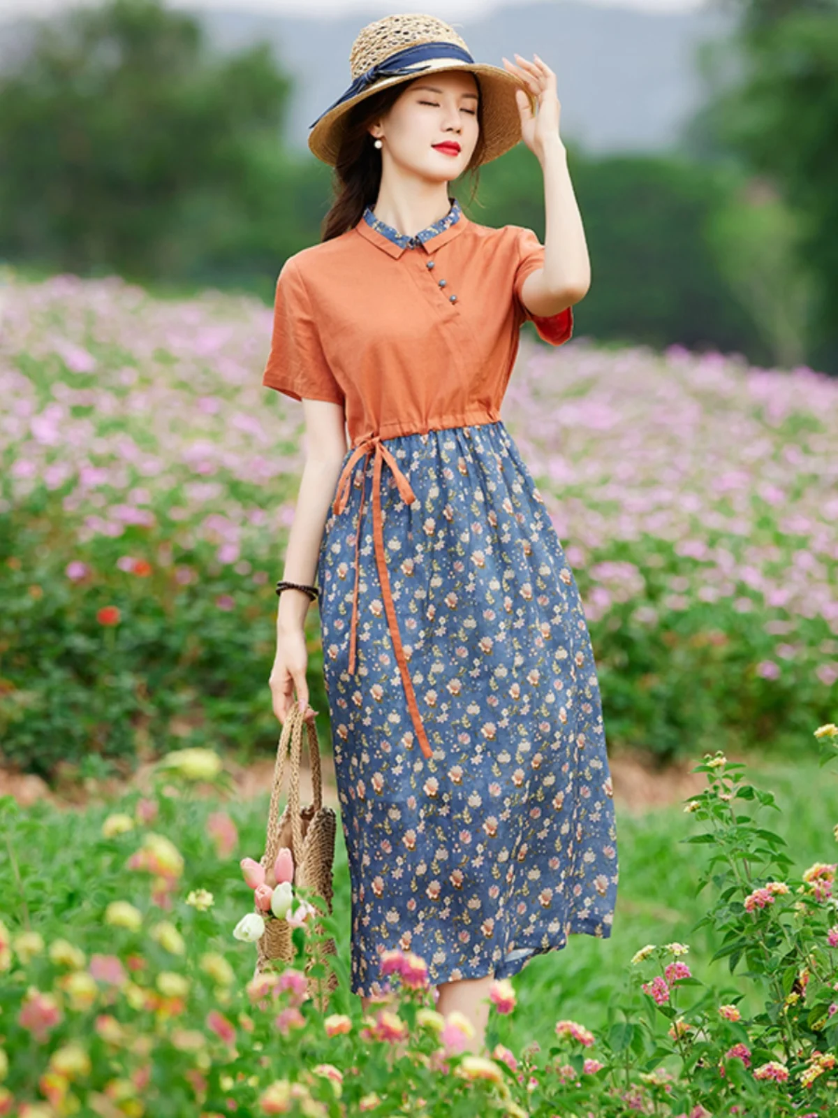 Bloemenprint Katoen Lin irt Dr Taille Cinched Kleur Blo Zomer halflange kraag Vakantie Sle Dames Dr