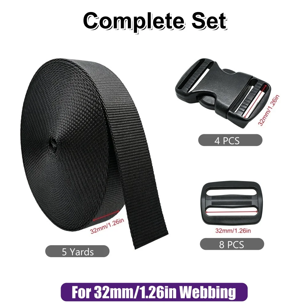 10-50mm 5 Yards Schwarzes Nylon-Gurtband, 4x Schnellverschluss-Schnallen, 8x Tri-Glide Schiebeclips DIY Rucksack-Schnallen und Gurtsätze