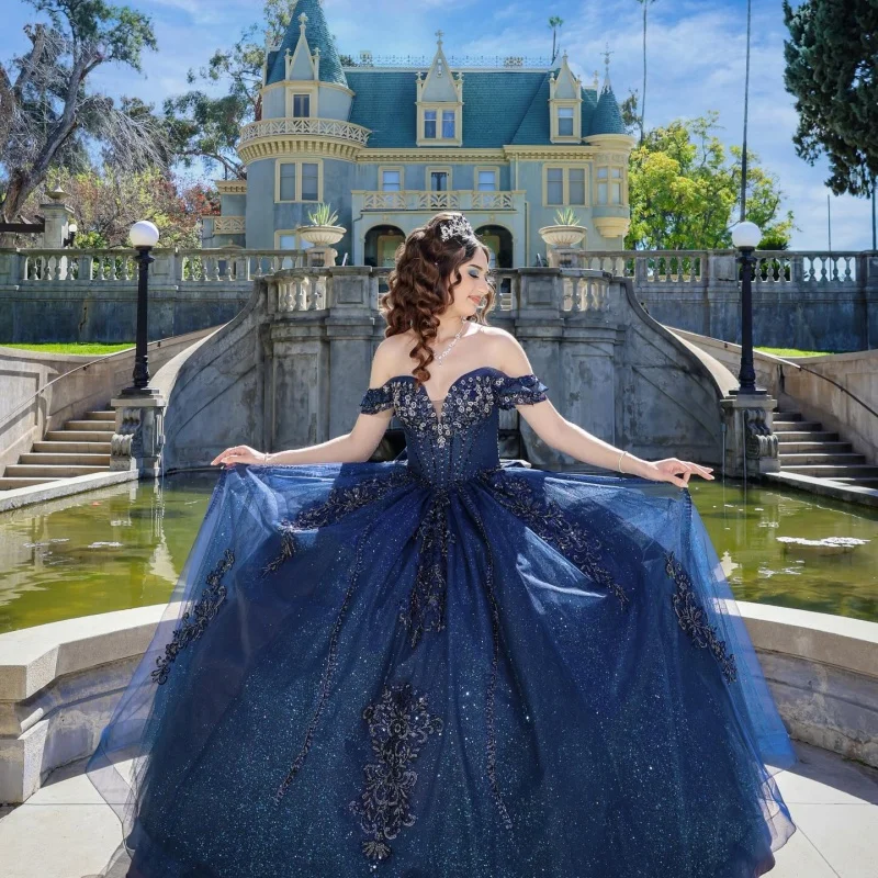 

Shiny Dark Blue Quinceanera Dress off-shoulder Glitter Crystal Decal Long tail Bow vestidos de 15 Quinceanera ﻿Customized