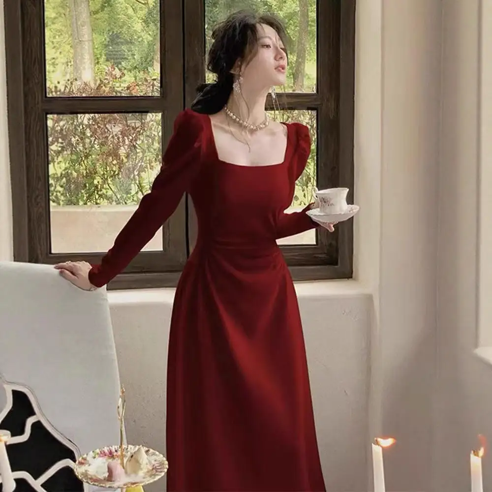Red Long Sleeve Dress Women's Engagement Party Wedding Dress Spring Autumn High Waist A-Line Skirt Commute Style Polyester