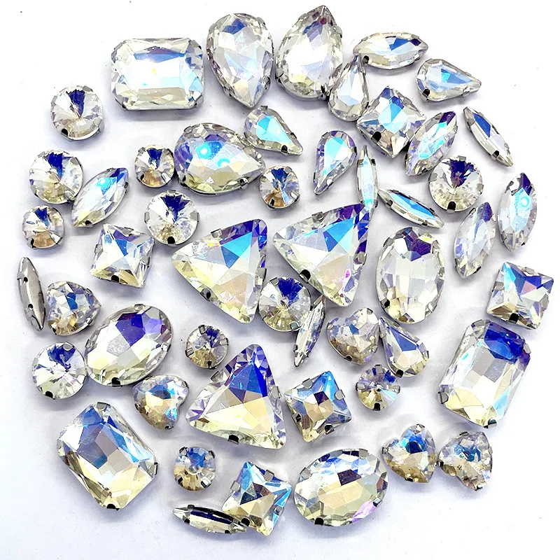 EQIANAO 50Pcs Mix Shape Silver Claw Rhinestones Multi-color Crystal Sew On Beads For Wedding Party DIY Decoration