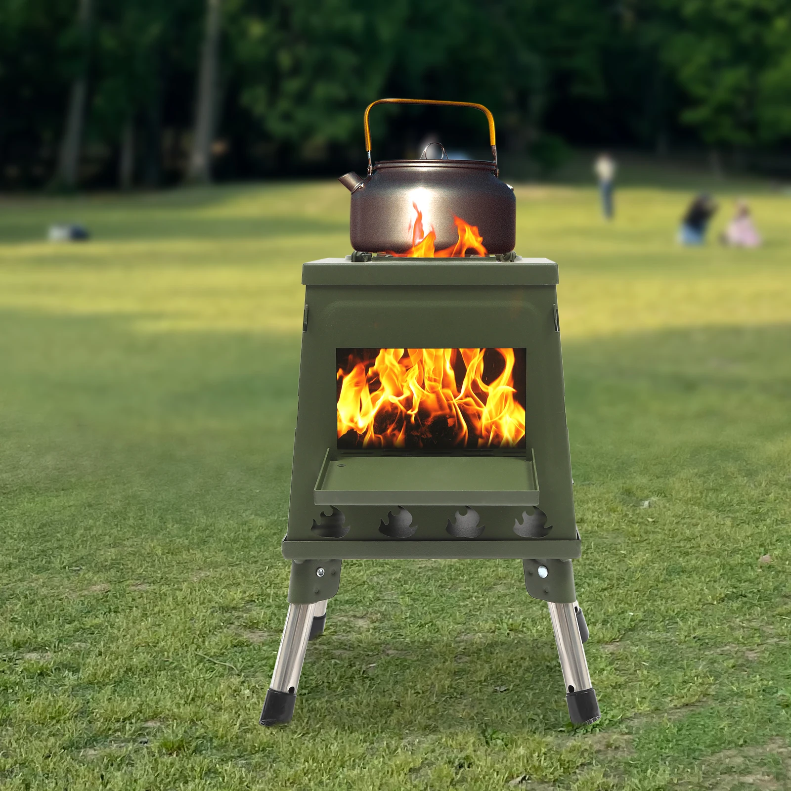 Bodenstehender Trapez-Mehrzweck-Holzofen aus Kohlenstoffstahl und Edelstahl, Zeltofen, 16 Belüftungsöffnungen für Camping, Rucksackreisen – Detail 6