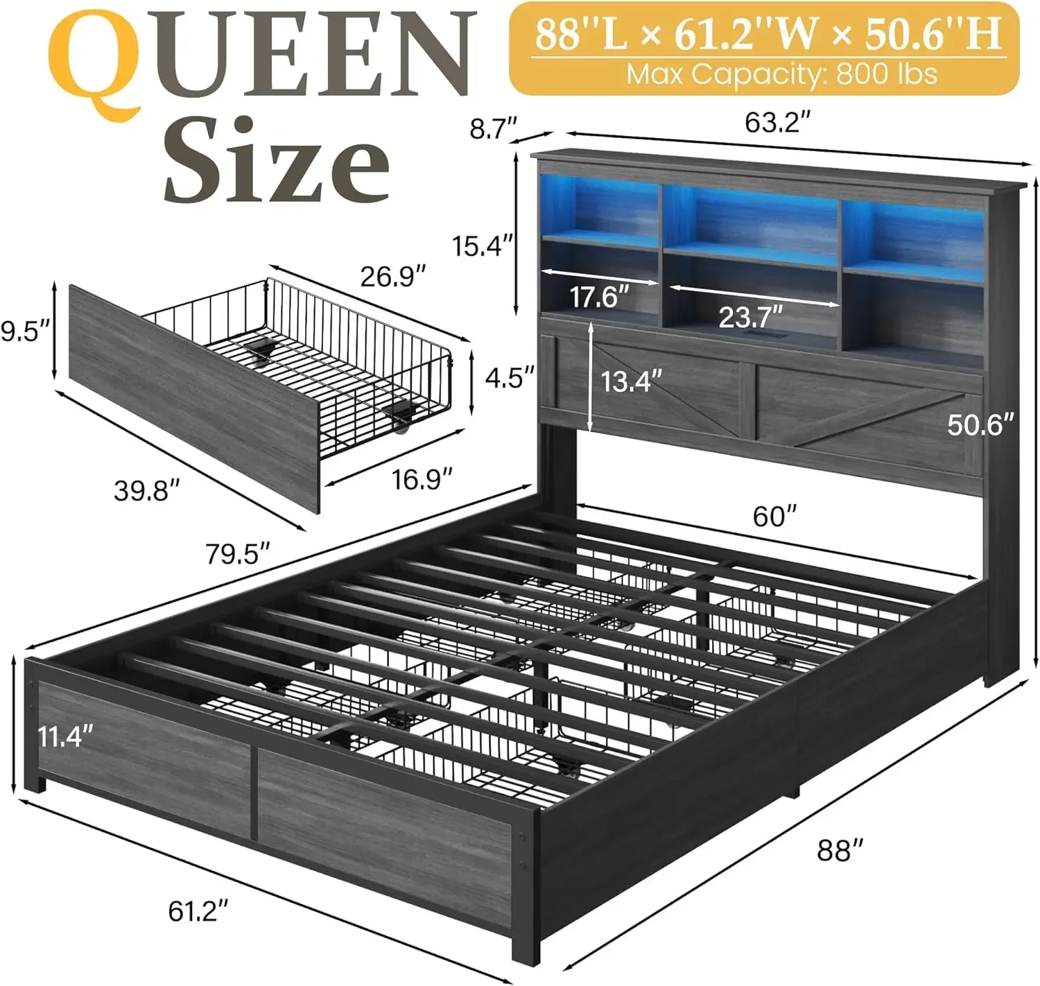 Large bed frame with headboard, high storage bookshelf, 4 storage drawers, LED and charging station.