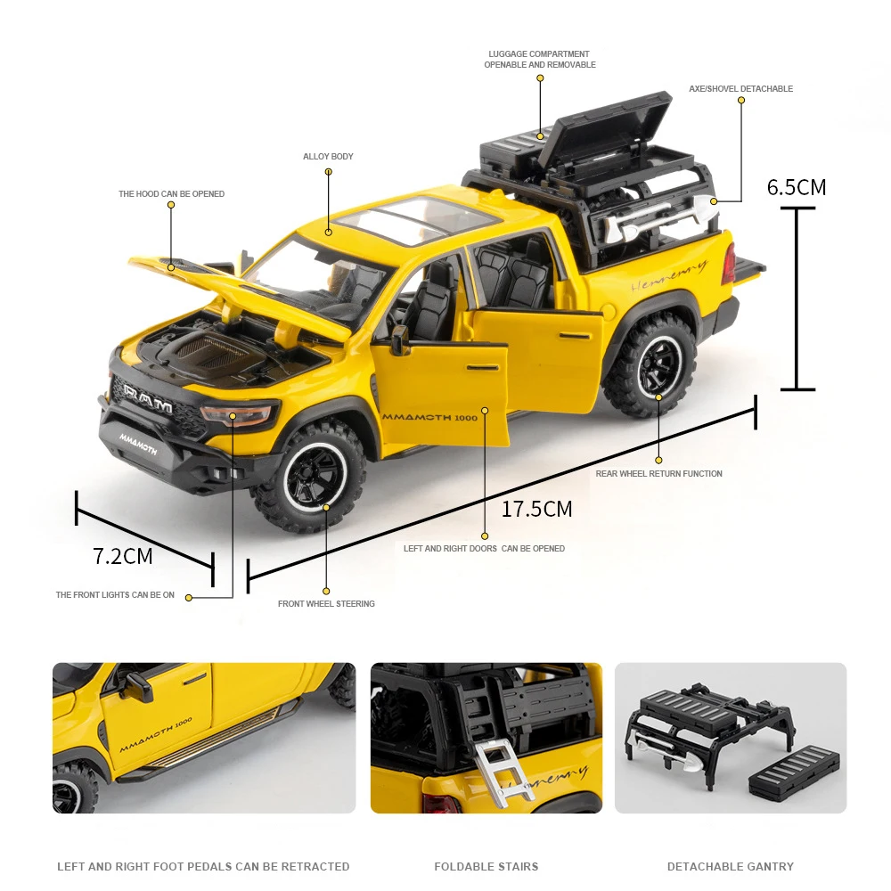 1:32 RAM TRX Mammoth 1000 pickup coche en miniatura de aleación sonido y luz tirar hacia atrás juguete para niños coleccionables regalo de cumpleaños