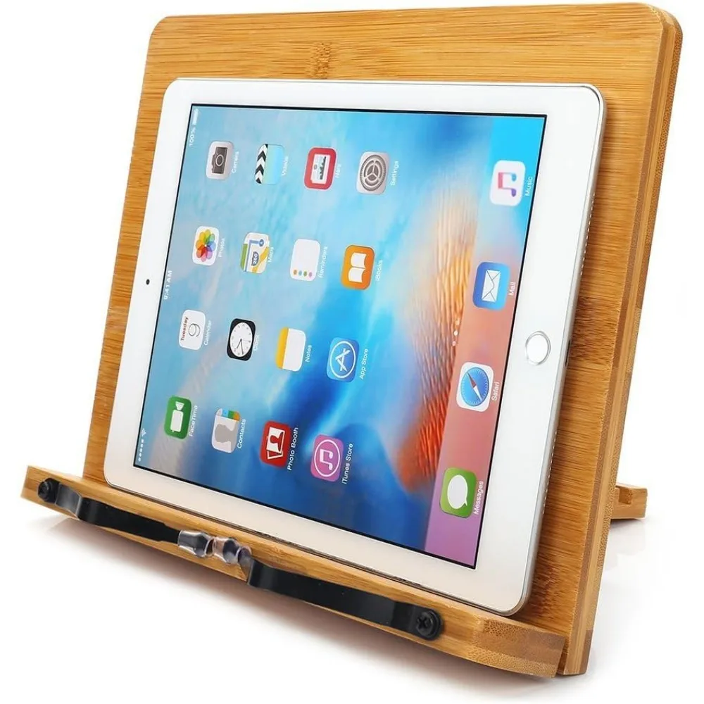Adjustable Bamboo Book Stand with Page Clips, Portable Reading Holder for Cookbooks, Textbooks, and Music Scores