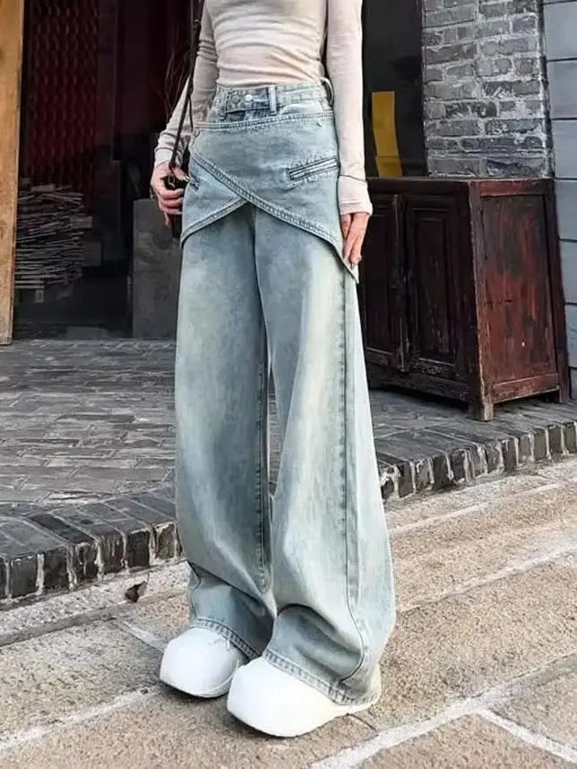 Pantalones vaqueros irregulares con faja extraíble para mujer, Jeans holgados azules Y2k, pantalones de vaquero de retazos Vintage, pantalones de mezclilla Harajuku, ropa de calle