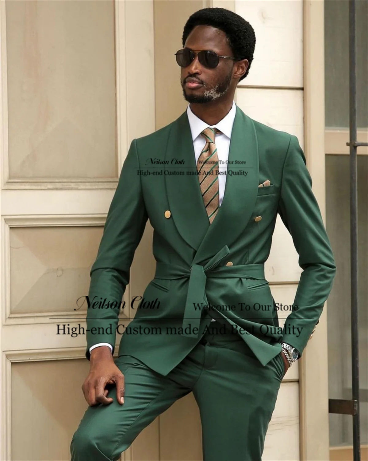 

Fashion Army Green Male Prom Blazers Double Breasted With Belt Groom Wedding Tuxedos Customized Shawl Lapel Terno Masculino
