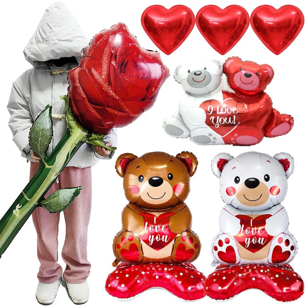 Valentine's Day Balloon Decorations Large Rose Balloon Bear 18inch Heart Foil Balloons for Engagements Weddings Anniversaries