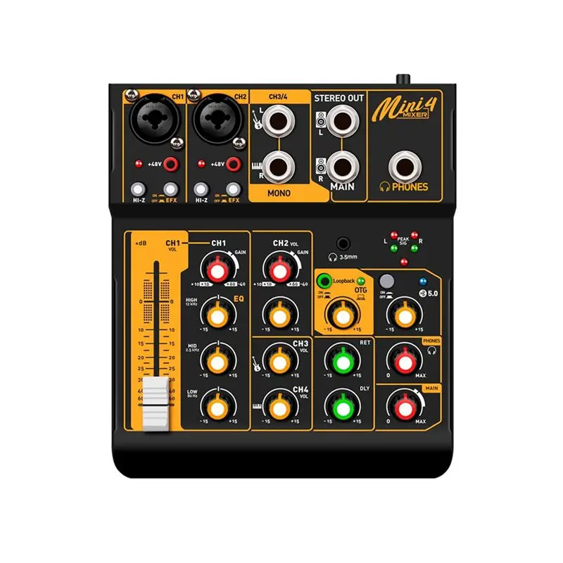 

Аудиомикшер Mini4, интерфейс DJ-консоли, Bluetooth 5.0, OTG, реверберация, звуковая карта 48В для прямых трансляций и записи на ПК