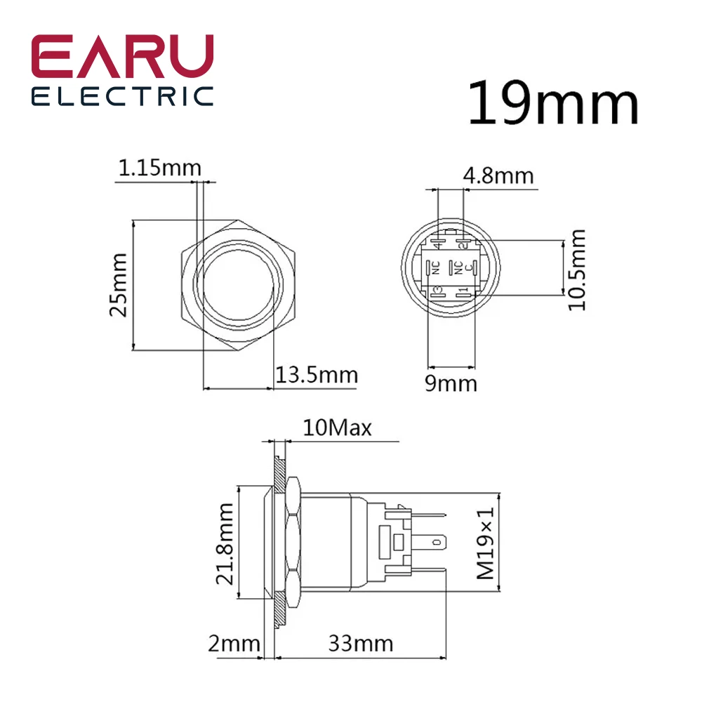 19mm New Waterproof Metal Push Button Switch LED Light Anodize Oxide Black Momentary Latching Car Engine PC Power Switch 3-380V