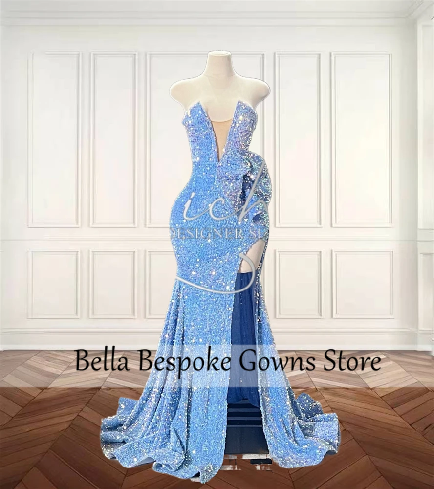 Vestidos largos de fiesta con lentejuelas azules brillantes, vestido de fiesta de cumpleaños de sirena con abertura alta, vestidos de desfile de belleza sin tirantes personalizados