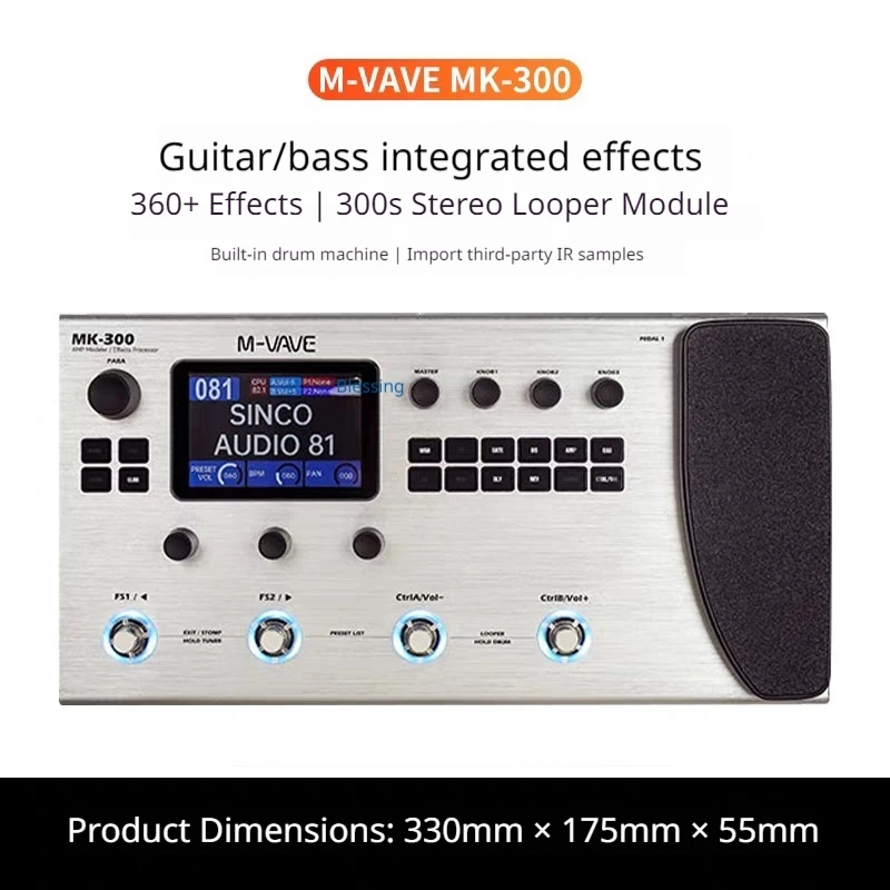 M-Vave Mk-300 Multi-Function Guitar/Bass Effector Pedal | 300s Looper+128 Drum Midi Daw | Ann Neural Modeling 120amp/360fx