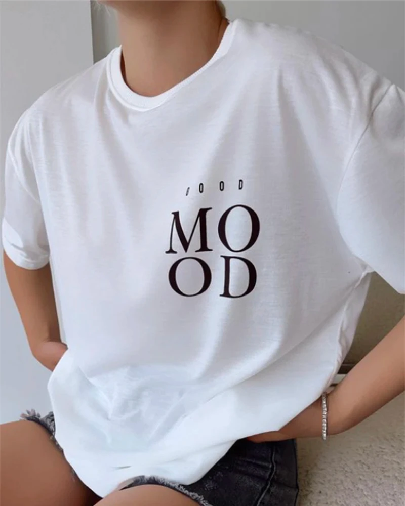 Hirsionsan Mood Letter Printed T-Shirt Women Soft Casual Loose Short Sleeve Summer Cotton Breathable Tshirt Holiday Y2k Tee