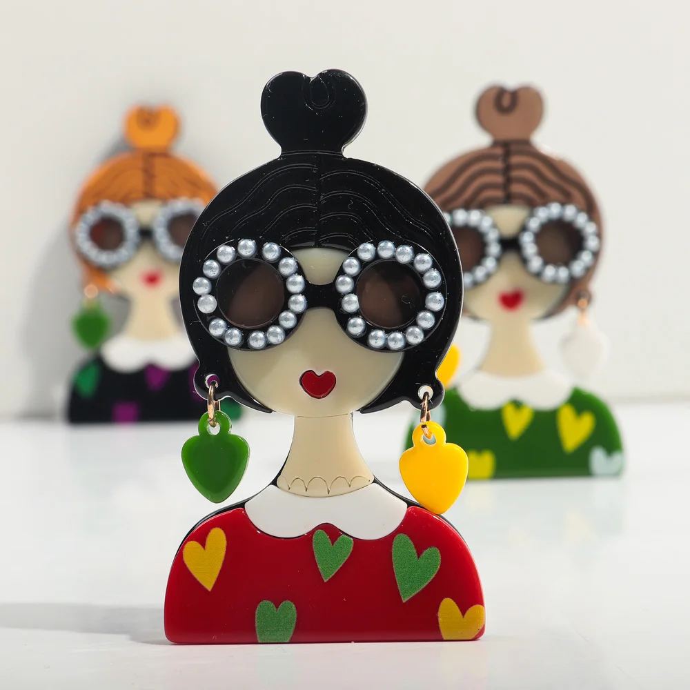 New Cute Figure Acrylic Brooches for Women Spliced Handmade Glasses Lady Badge Lapel Pins Jewelry Clothing Accessories Gift