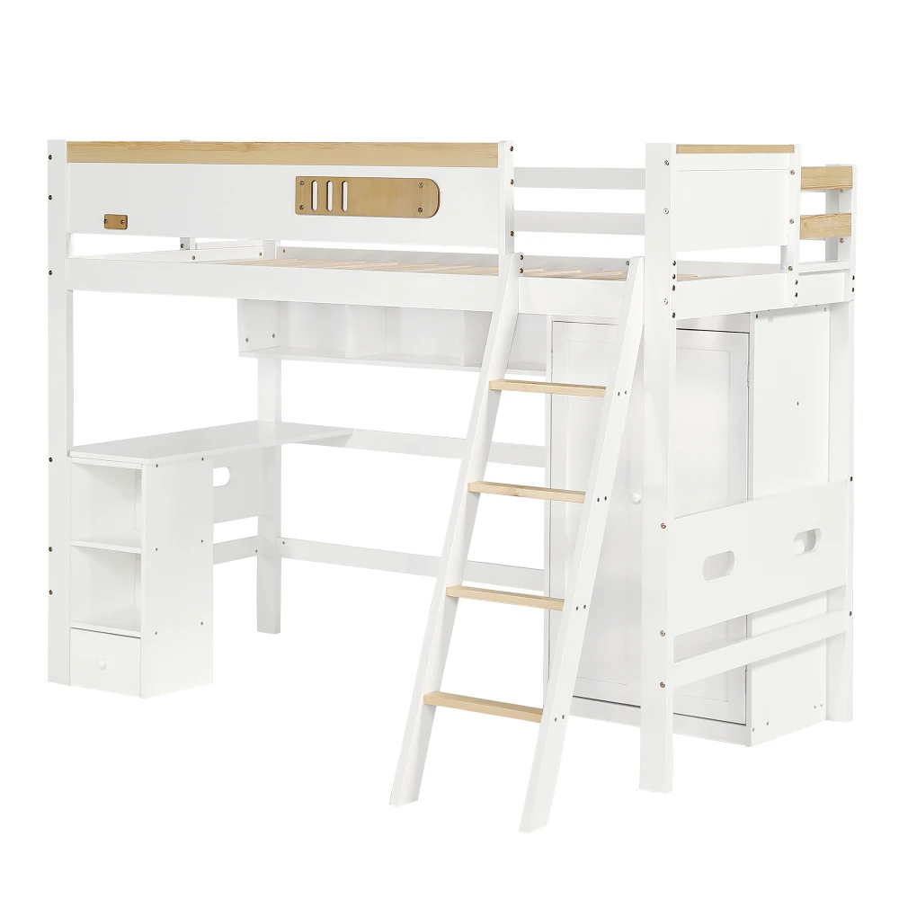 PINGGO Etagenbett für Kinder mit Fallschirmschutzgeländer, Schreibtisch, Kleiderschrank, Stauraum, 4-Stufen-Leiter, Kiefer, MDF, Sperrholz, Weiß, 90x200cm, ohne Matratze – Detail 12