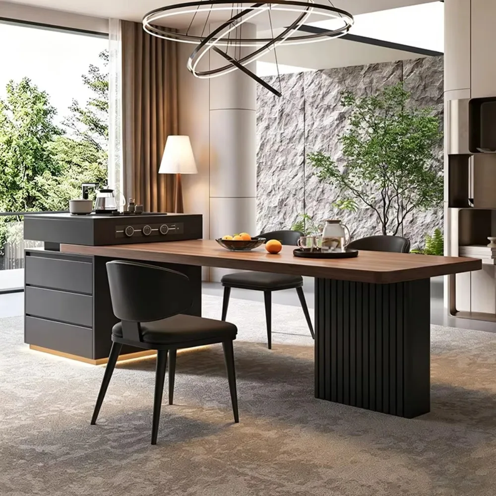 Solid Wood & Sintered Stone Kitchen Island Table, Multifunctional Tea Desk with Drawer Storage for Home Tea Room Furniture
