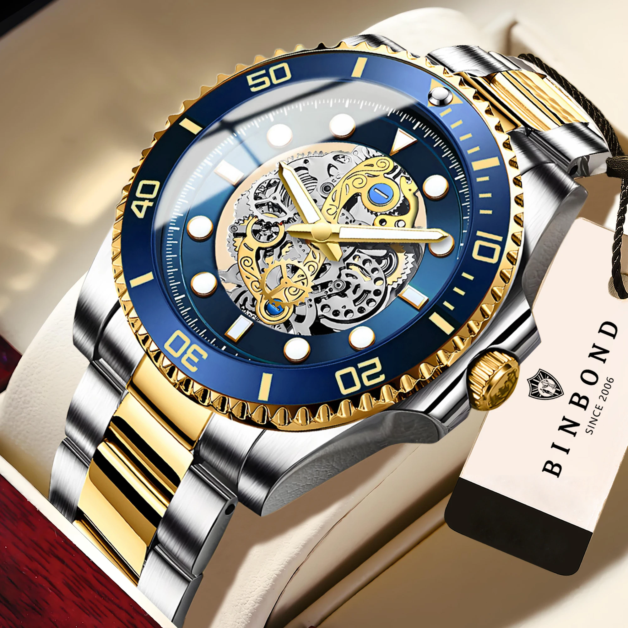 BINBOND Skeleton Waterproof Men's Watches Reloj Hombre Stainless Steel Quartz Wristwatches For Men Luxury Luminous Man Watch