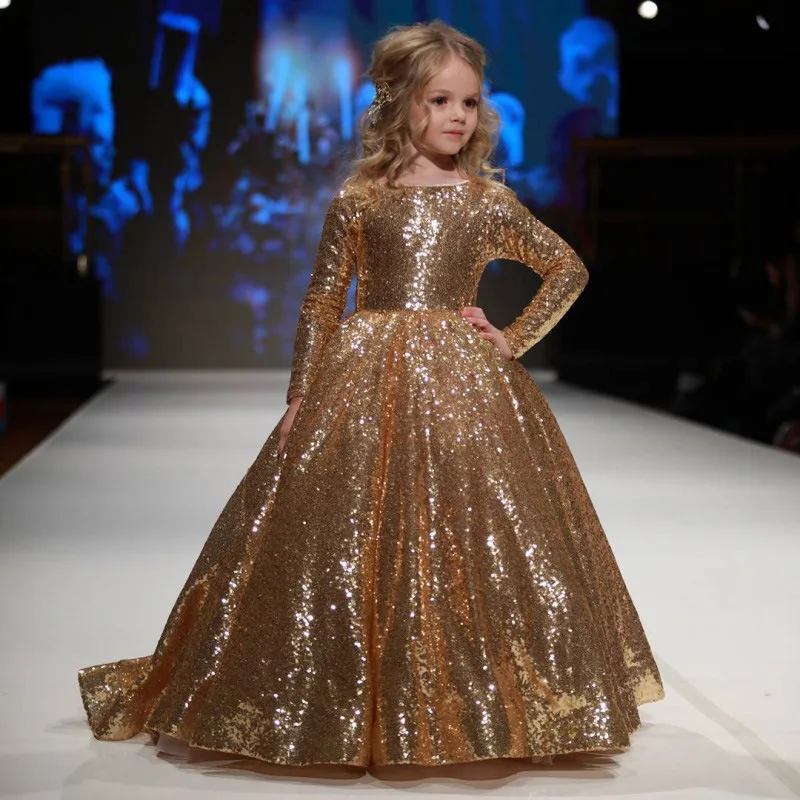 Vestido de princesa dorado con lentejuelas para niñas, tutú de tul, modelo de pasarela, actuación, disfraz para niños, desfile de vacaciones, sesión de fotos de fiesta