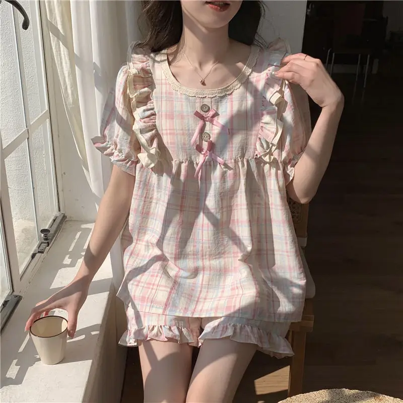 Summer new pajamas female sweet system cute girl style pink plaid bow ruffle homewear short-sleeved shorts two-piece suit