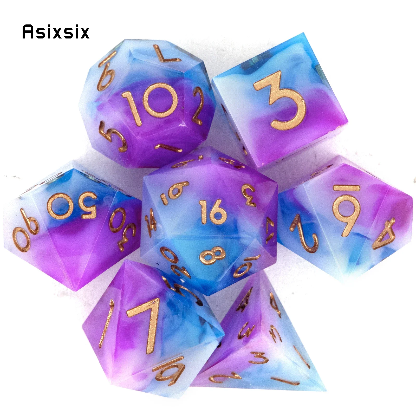 

7 Pcs Blue Pink Golden Number Sharp Edge Resin Dice Polyhedral Dice Suitable For Role-Playing RPG Gift