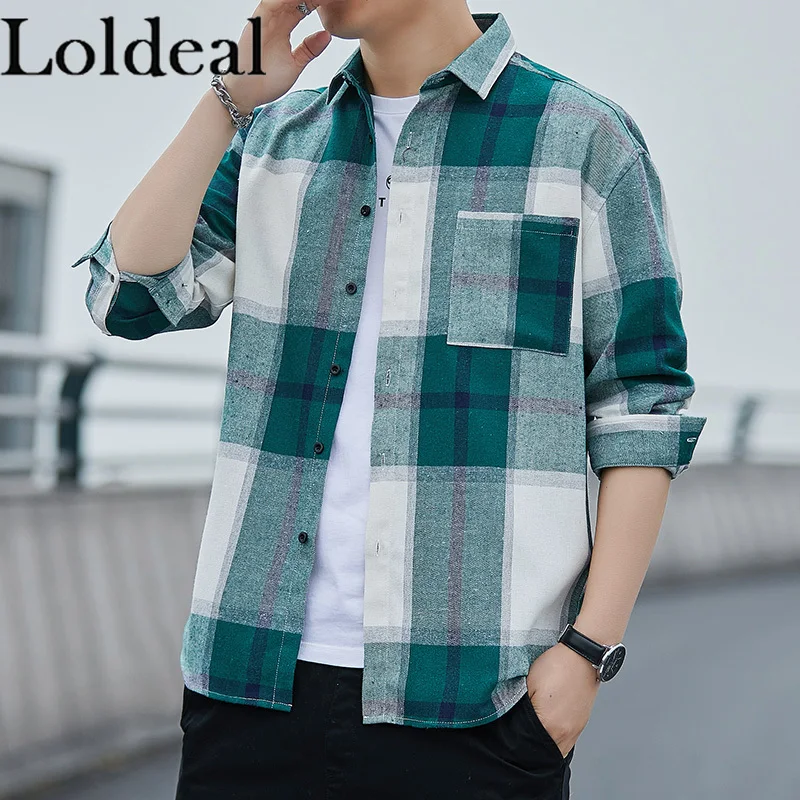 Loldeal Men Casual Plaid Shacket Button Down Long Sleeve Shirts