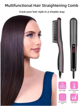 Image Multifunctional  Hair Straightener Comb Negative Ion Anti-Scalding Styling Tool Straightening Brush Electric Hot Comb