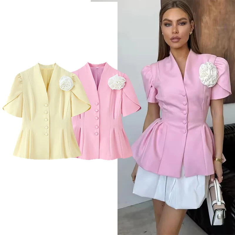 

2025 элегантный тонкий пиджак с 3D цветами и оборками, женский летний однобортный плиссированный пиджак с короткими рукавами-фонариками, офисная куртка