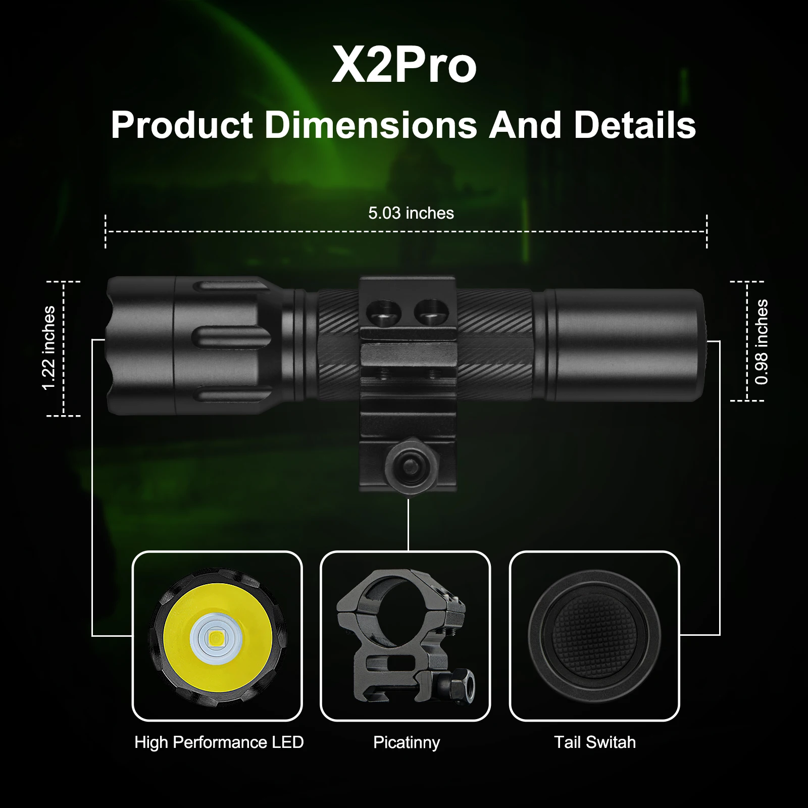 ANEKIM X2Pro LED Green Tactical Hunting Flashlight, USB Rechargeable 18650 Battery, IPX68 Portable Torch, Hunting Wolf Hog Deer