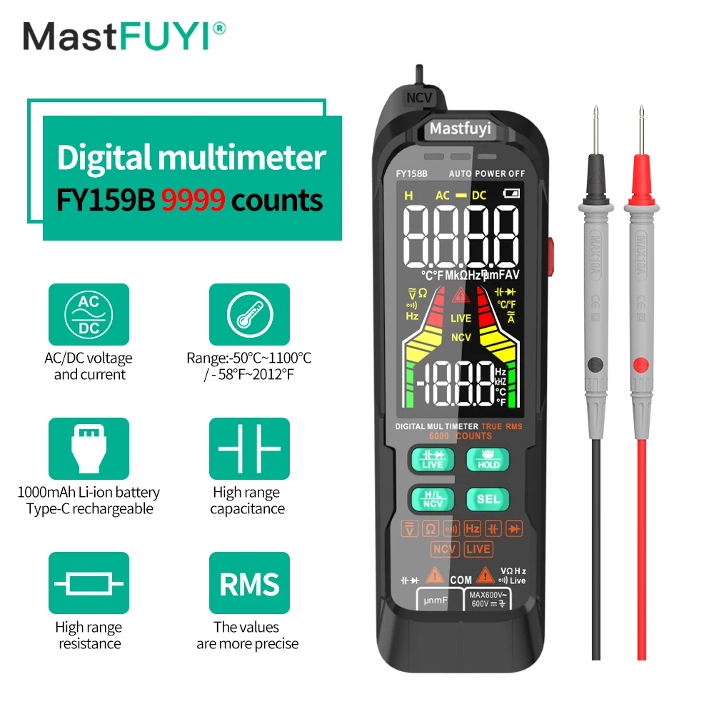 

MASTFUYI Large Screen Digital Multimeter AC DC Voltage Current 9999 Count True RMS Auto Range USB Charge Voltmeter Tester