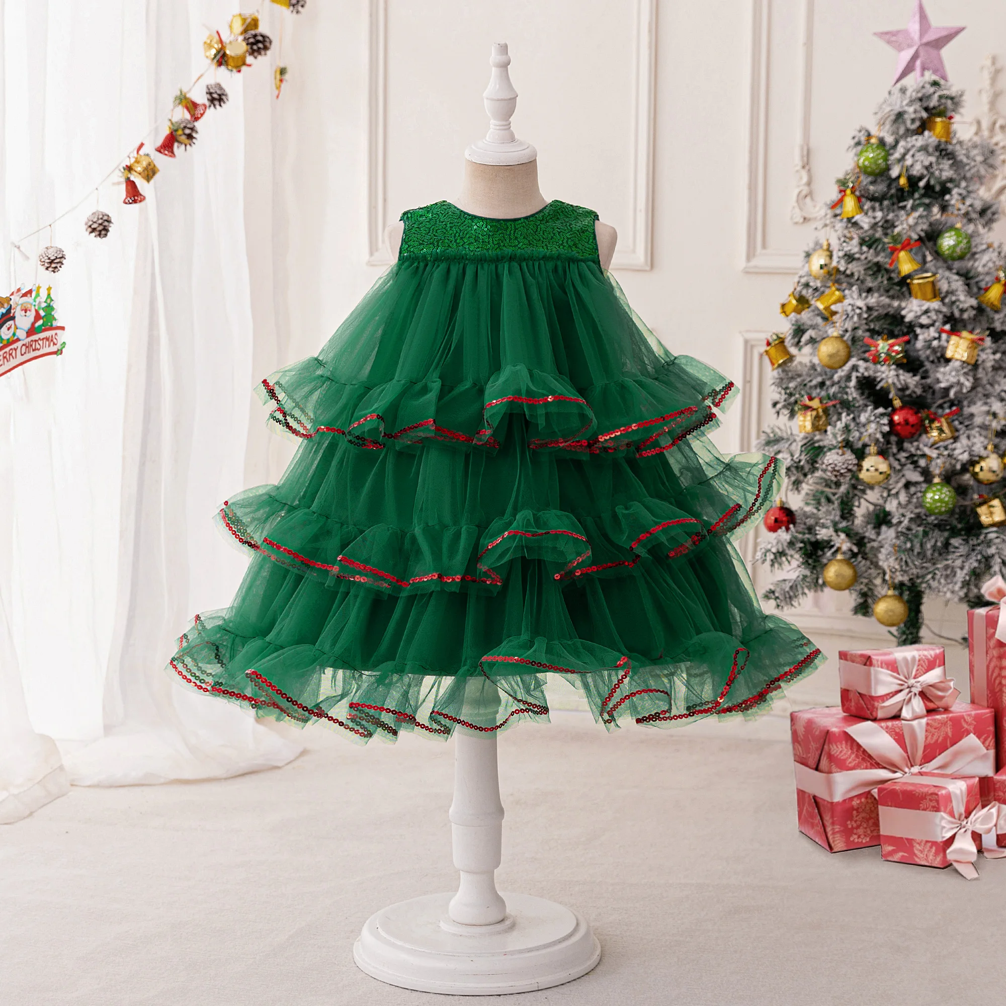 Christmas Dress For Girl Kid Red Green Snowflake Cake Dress Children Xmas Carnival Party Santa Claus Princess Costume Vestidos