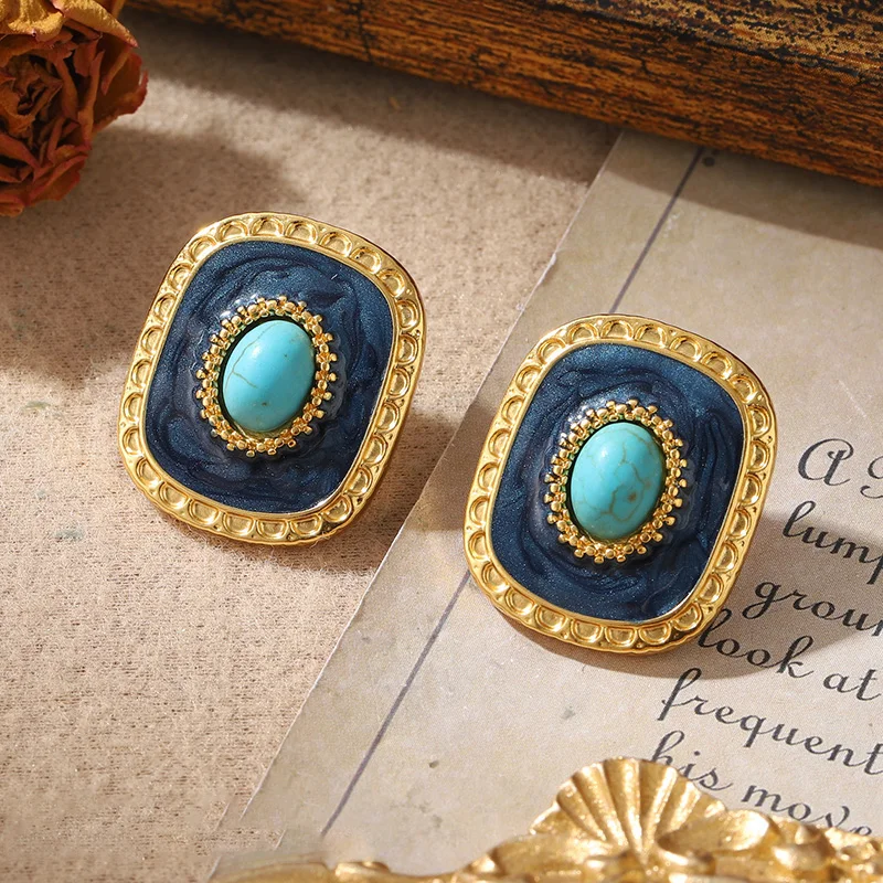 أقراط عين النمر المطلية بالذهب عيار 18 قيراط للنساء - مجوهرات مربعة أنيقة من المينا البيضاء والحجر الطبيعي #6