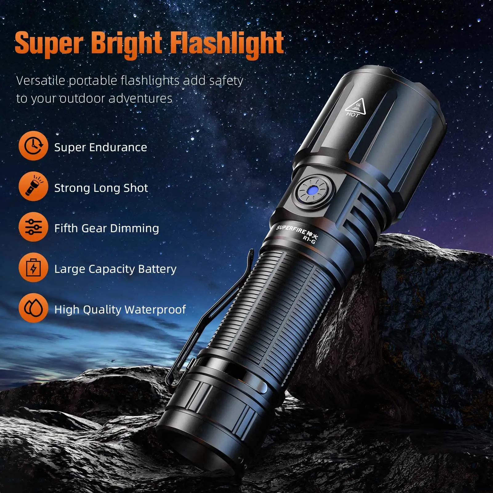 SUPERFIRE R1-G 36W High Power LED Flashlights Zoom Type-c Rechargeable 26650 Portable Torch for Caming With Power bank function