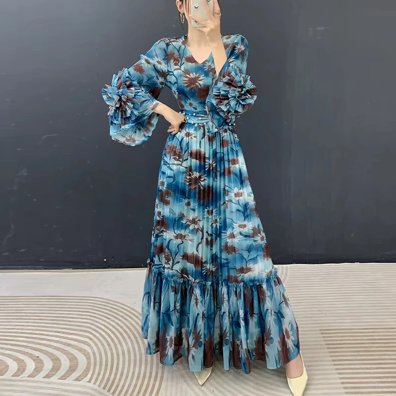ANLAN Premium Blue Brown Floral Print Pleated Maxi Dress Elegant Ruffle Sleeve V-neck Long Dresses 2026 Elegant Women's Clothing