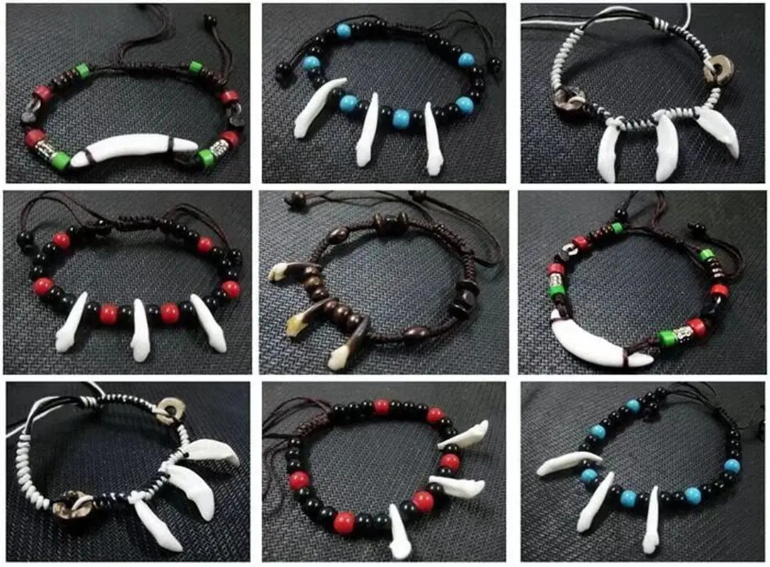 

20 pcs Fashionable Handcrafted Vintage Look Mixed Tibetan Tribal Wolf Tooth Charm Braided Bracelet