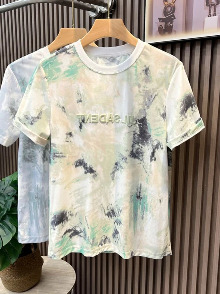 Male Tees Shirts Watercolor Men\'s T-shirt Tie Dye Tops Heather Embroidery Alphabet Stylish Streetwear Original Y2k New in Hot Xl