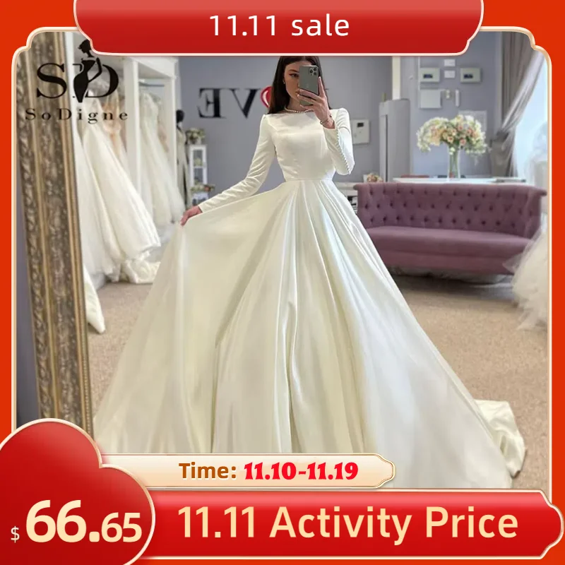 SoDigne Conservative Wedding dress Satin Wedding Dresses Full Sleeve Muslim Bridal Gown Modest Long Wedding Gown Customized
