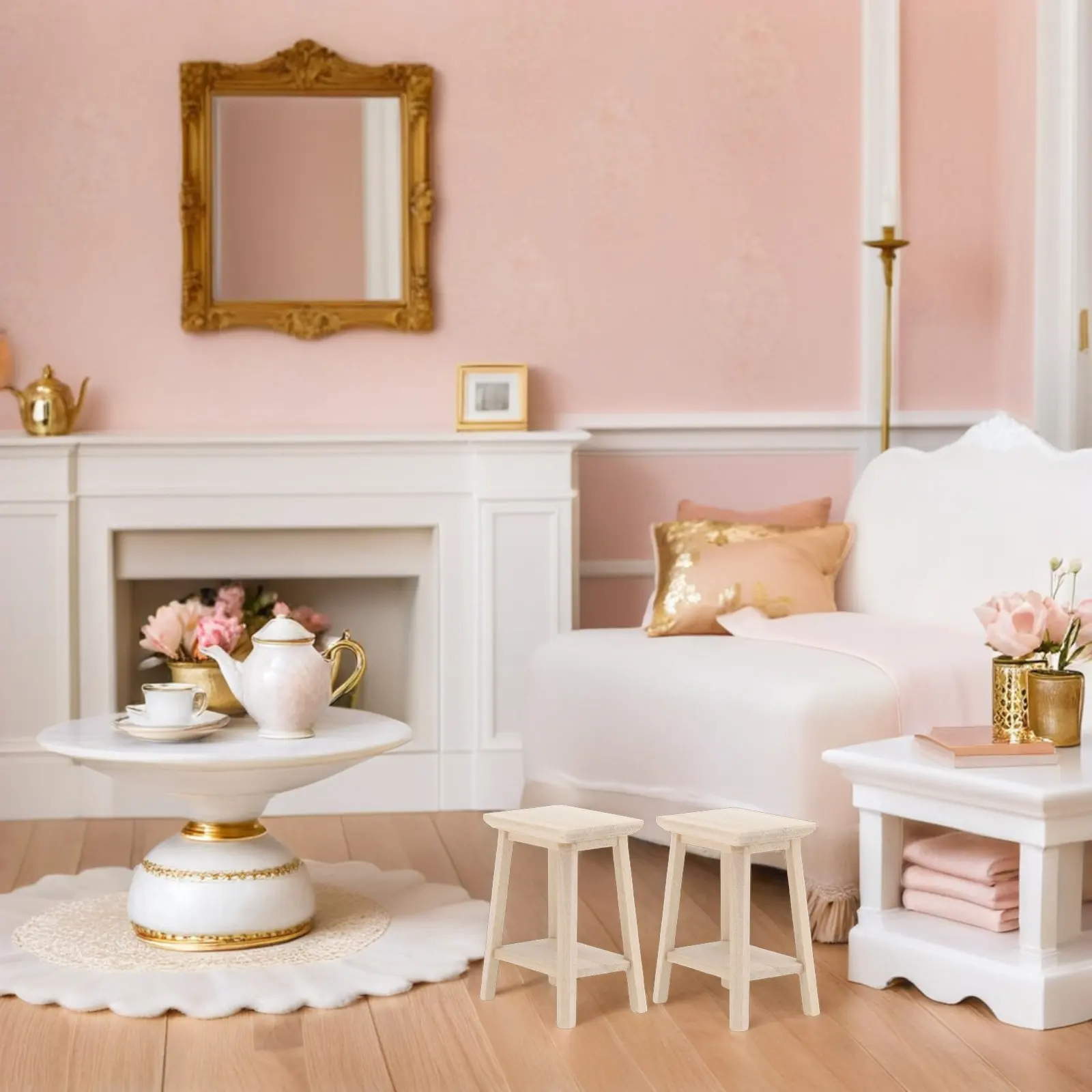 

2Pcs Miniature Stool Wood Material Wear Resistant Rustic Design Mini House Living Room Bedroom Decor House Stool