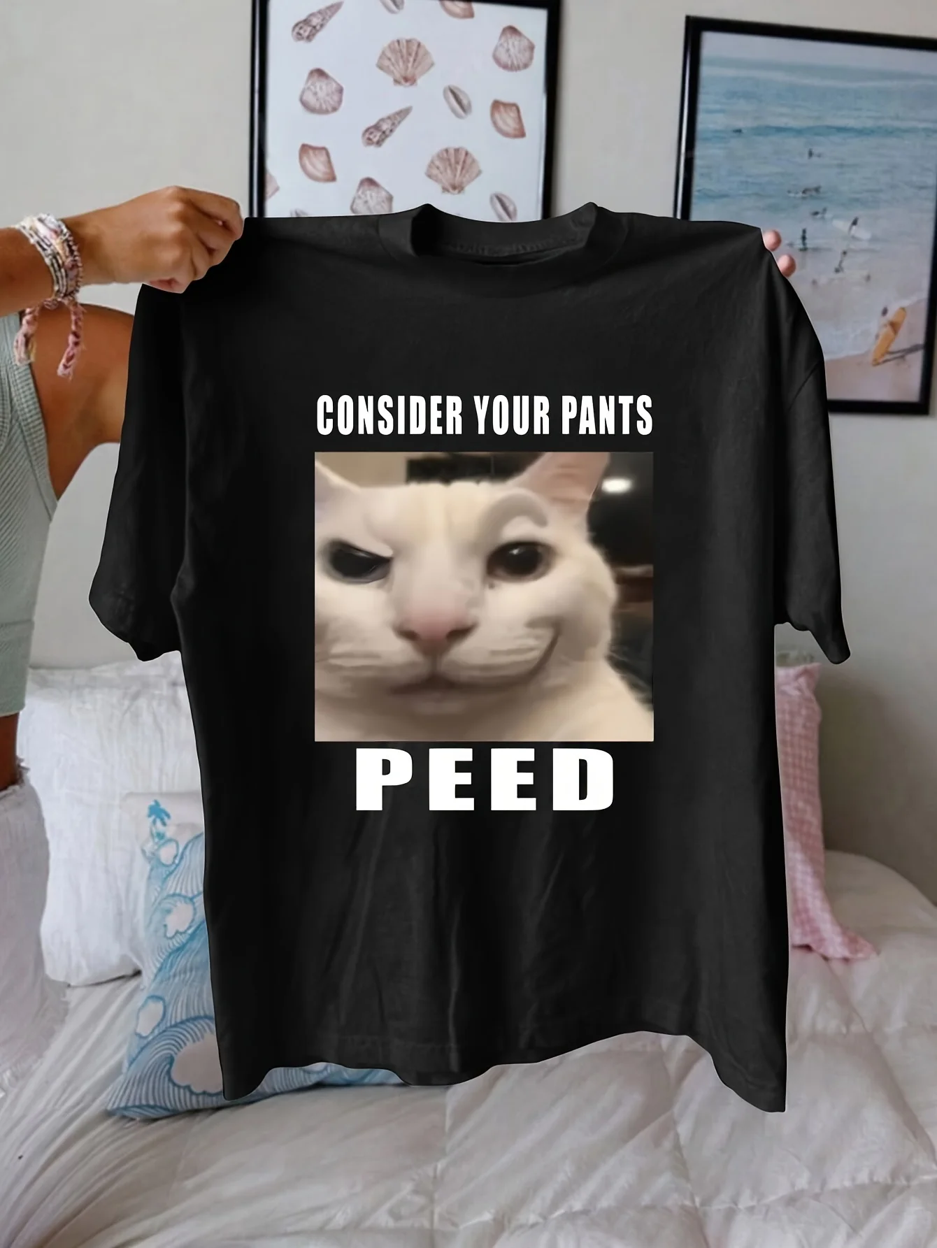 

Женская футболка с забавным принтом кота, летний повседневный топ с круглым вырезом, трикотажная смесь полиэстера, футболка обычной длины с короткими рукавами