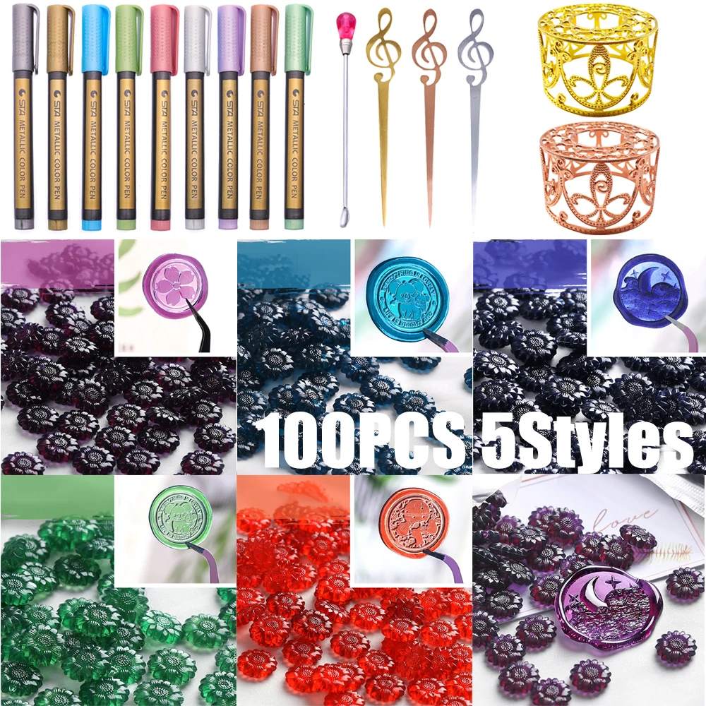 100PCS Wax DIY Envelope Letter Wedding Invitation Retro Sunflower Wax Seal Colorful Wax Beads Scrapbooking Sealing Stamp