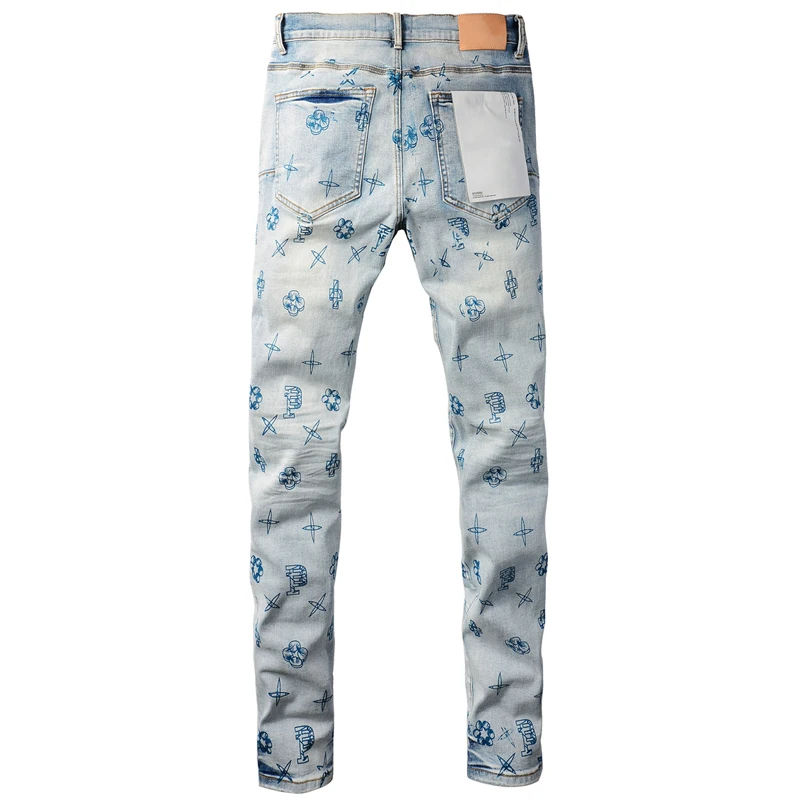 Lichtblauw Full Pattern Print Paars Jeans Hoge Kwaliteit Stretch Slanke Potloodbroek Amerikaanse Stijl Trendmerken Jeans