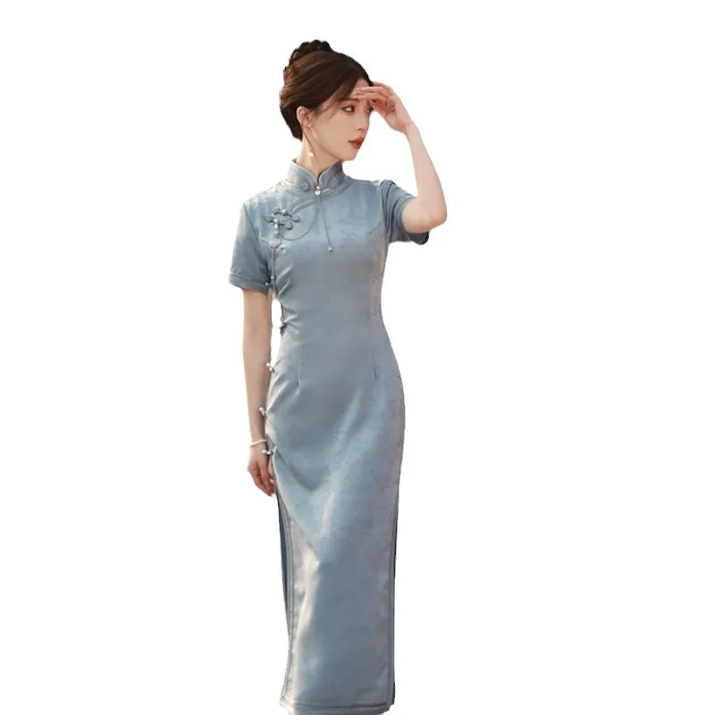 Fashion Improvement Young Girls Printed Jacquard Long Qipao 2024 Spring/Summer Daily Qipao Cheongsam Dress