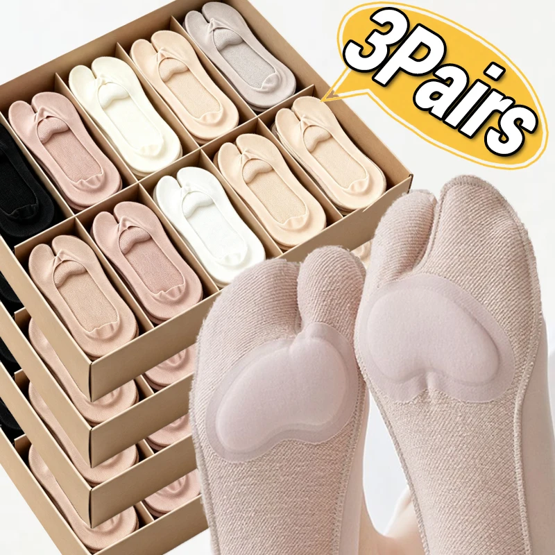 Invisible Split Toe Socks Women Sponge Cushion Solid Color Tabi Sock Summer Cotton Bottom Cool Breathable Non-Slip No-Show Socks
