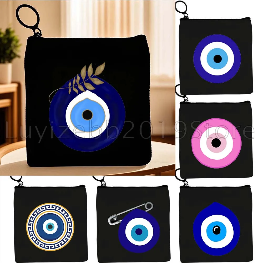 Colorful Evil Eye Charm Circles Greek Graffiti Flower Mandala Canvas Coin Purse Key Case Small Storage Bag Wallet Zipper Pouch