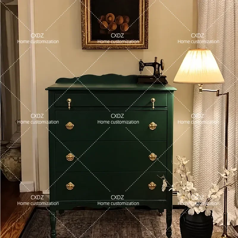 French Retro Solid Wood Chest Cabinet Green Locker Decorative Drawer Cabinet