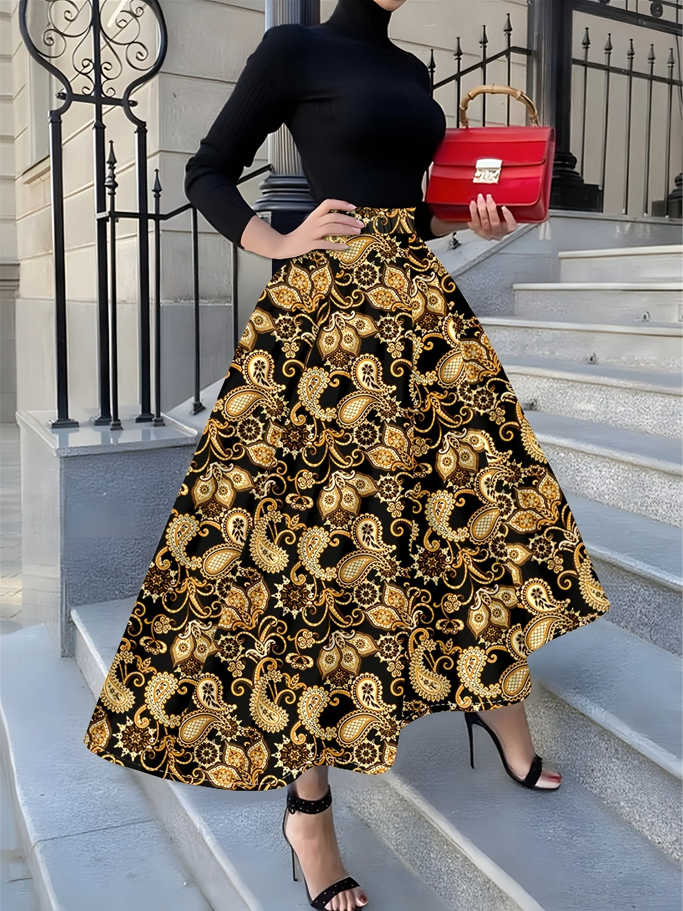 

Printed Design Four Seasons Golden Black Paisley Flower Pattern Holiday Style Half Skirt