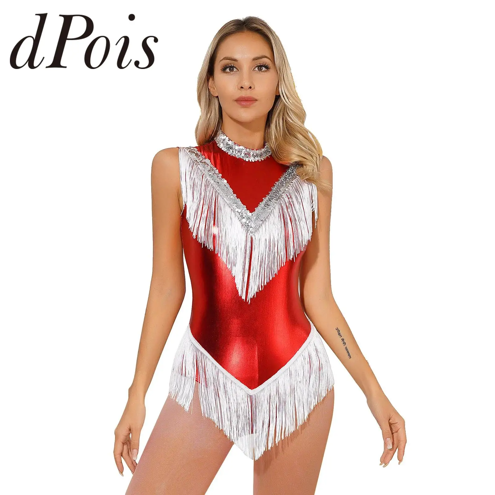 

Womens Sparkly Sequins Latin Dance Leotard Fringed Rhythmic Gymnastics Bodysuit with Tassels Ballerina Jazz Dancing Costume