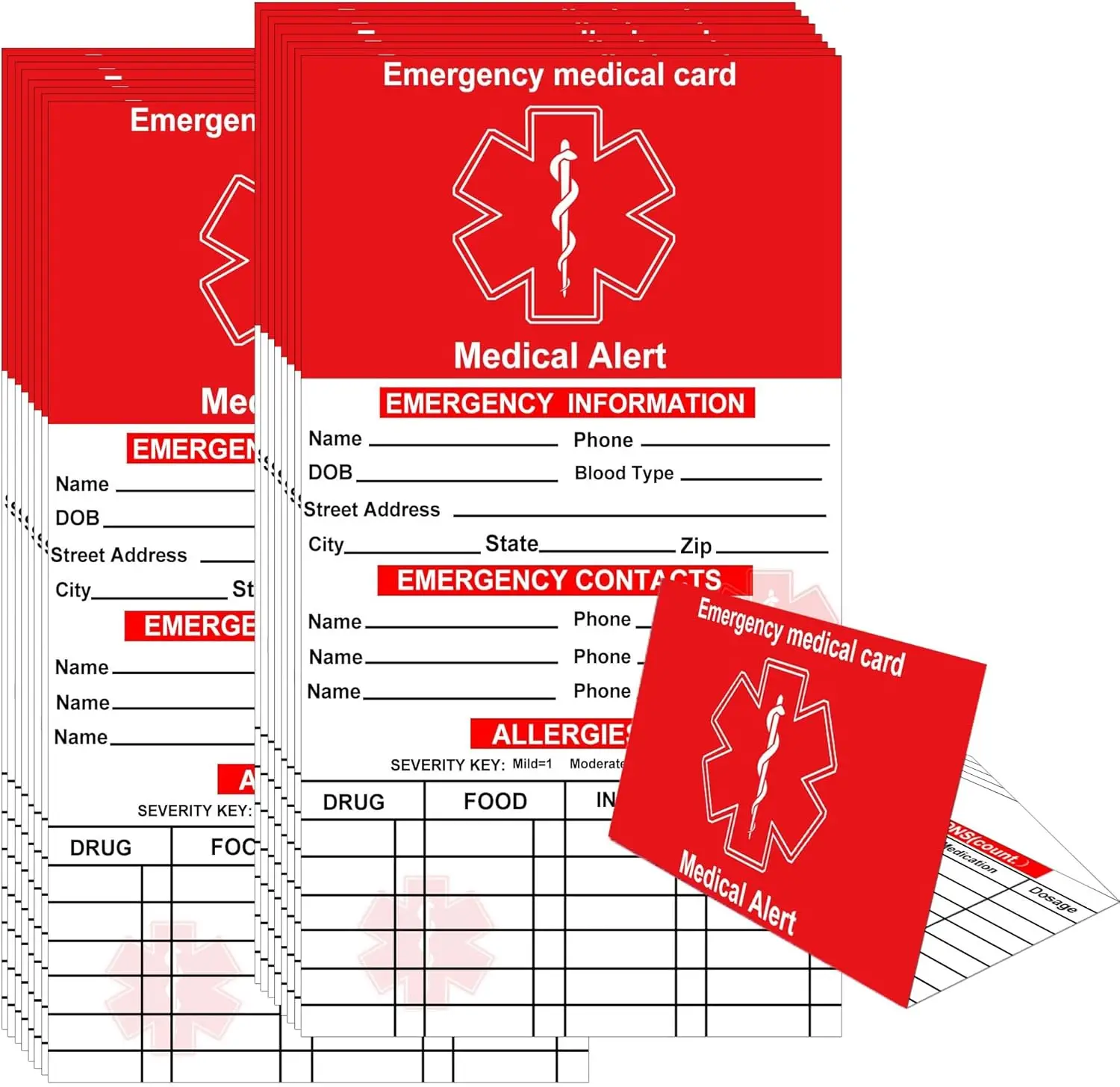 Red Medication List Card with Sleeves 10 Pack Emergency Contact ID Wallet Card 2 * 3.5inch Sleeves Medical Identification Tag