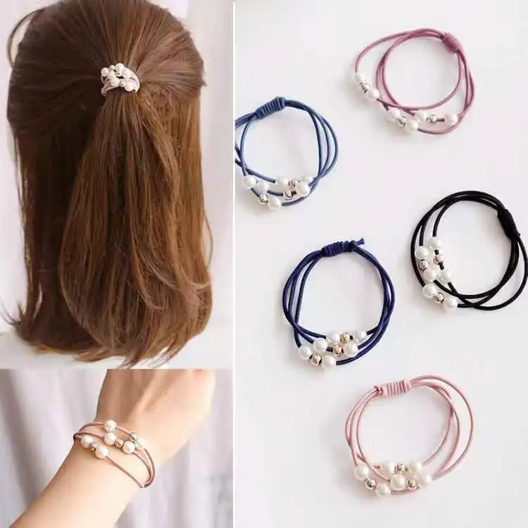 Symulowane perły Scrunchies akcesoria do włosów dla kobiet moda koreańskie wielowarstwowe elastyczne gumki dziewczyny kucyk Holder Tiara — zdjęcie 6