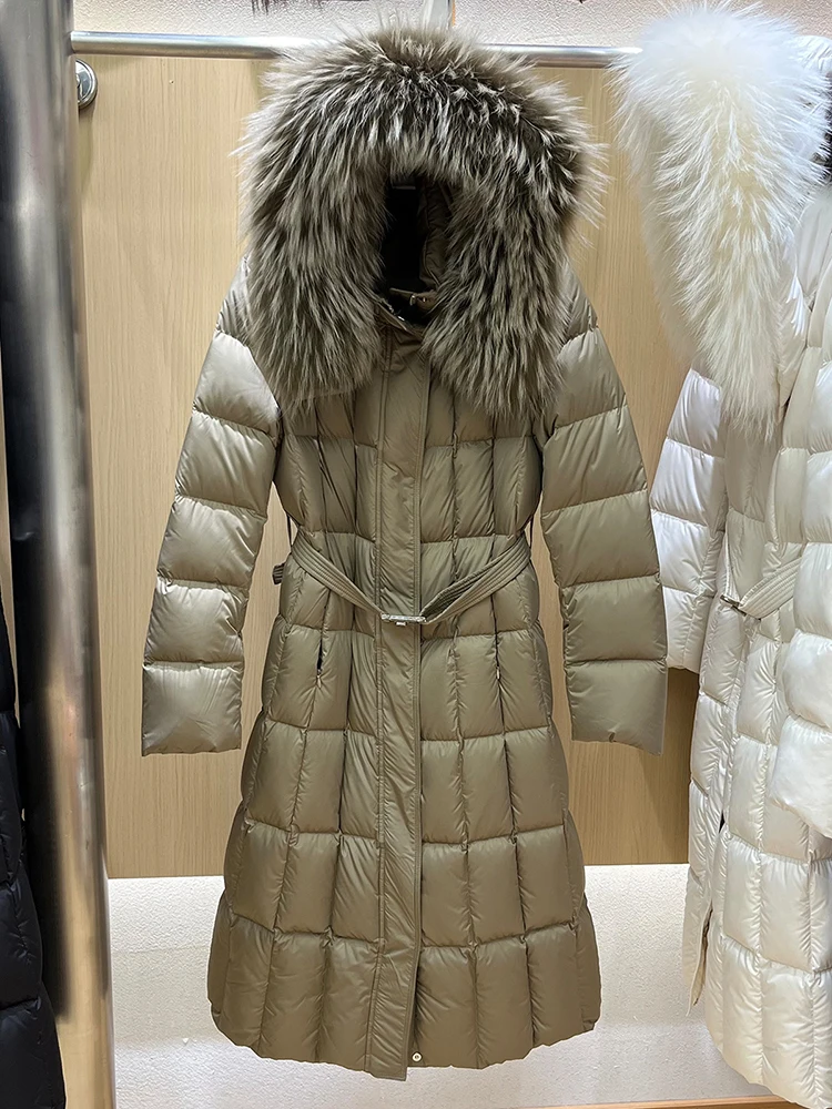 2026 Winter new style large fur collar hooded long down jacket, thickened warm goose down padded belt slimming women's coat